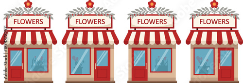 Cute flower shop storefront illustrations with awnings, floral signs, boutique building graphics for small business branding and decor