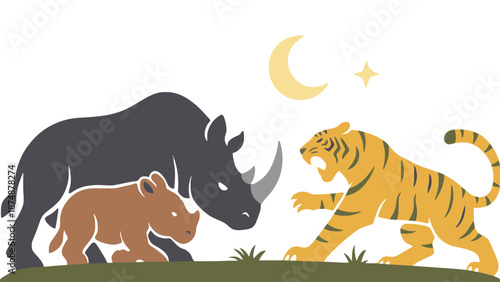 A cartoon illustration of a rhino and tiger facing each other at night