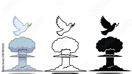 A dove flies above mushroom clouds in various colors and styles.