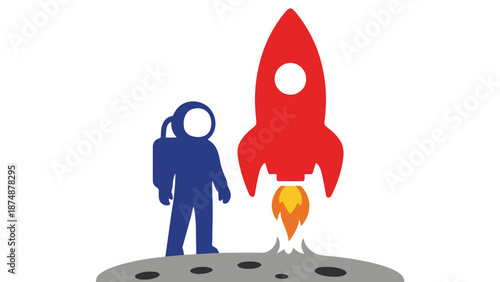 An astronaut standing next to a red rocket on the moon's surface