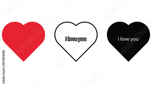 Three heart shapes with the phrase I love you in different colors