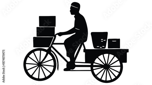A silhouette of a delivery man riding a bicycle with packages