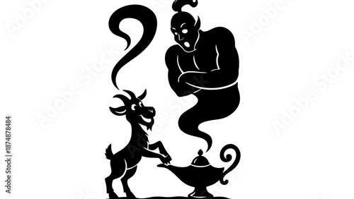 A magical genie emerges from a lamp with a curious goat nearby