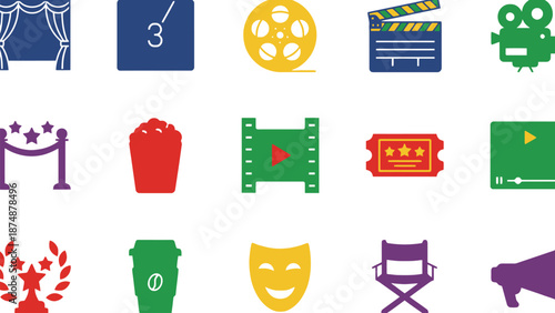 A colorful collection of movie and theater icons on a white background