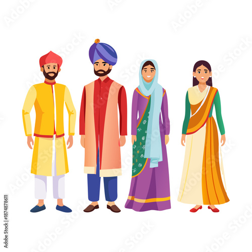 Vector illustration of Indian men and women wearing traditional cultural clothing including saree, kurta, sherwani, turban, ethnic dresses, and festive outfits standing ... See More
