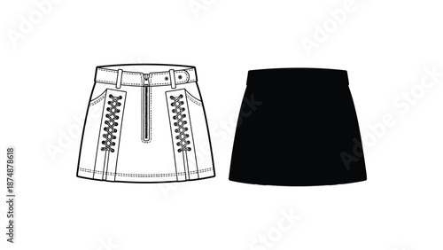 Three different skirts with unique designs and colors on display