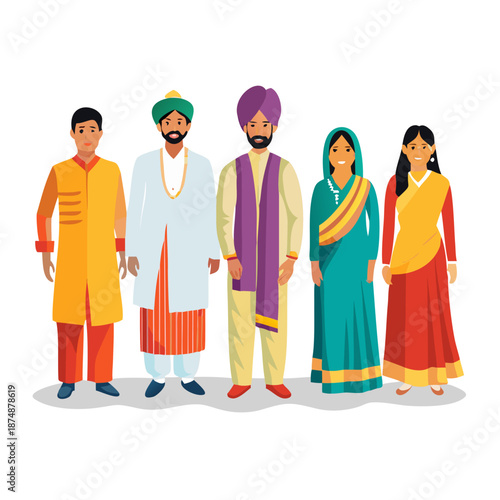Vector illustration of Indian men and women wearing traditional cultural clothing including saree, kurta, sherwani, turban, ethnic dresses, and festive outfits standing ... See More
