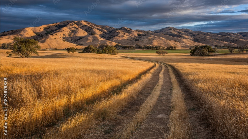 Fototapeta premium Golden light casts long shadows across a vast field with a dirt path leading to rolling hills under a dramatic sky.