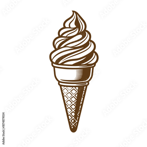 grunge drawing Vintage Brown ice cream cone with swirly frozen dessert  sweet treat on white background