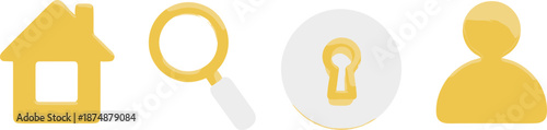 Gold UI icons set featuring home, search, lock, and user symbols for website design, apps, dashboards, and interfaces