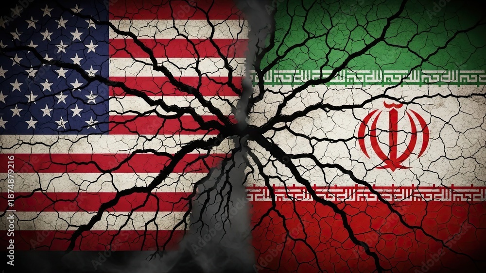 Fototapeta premium USA vs Iran War Flag Conflict Vector With Cracks Symbolizing Deepening International Crisis