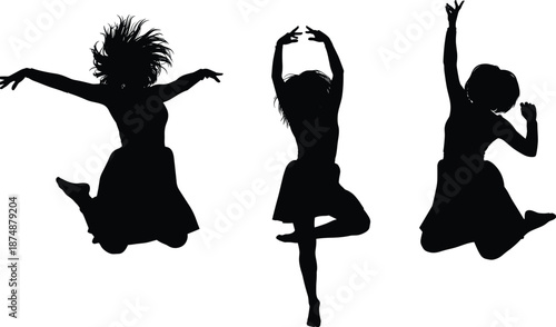 Silhouettes of three dancers in mid-air poses, expressive motion and energy, black and white graphic, transparent background, dynamic movement illustration