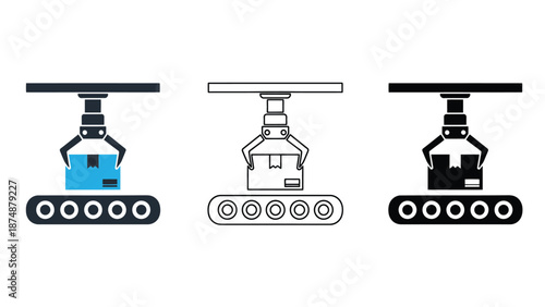 A set of industrial robotic arms with different color schemes and designs