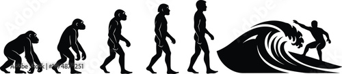 Evolution from ape to surfer, humorous lifestyle progression, surfing as human achievement, black and white graphic, transparent background, cultural parody illustration