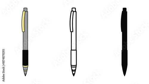 Three different illustrations of pens on a white background