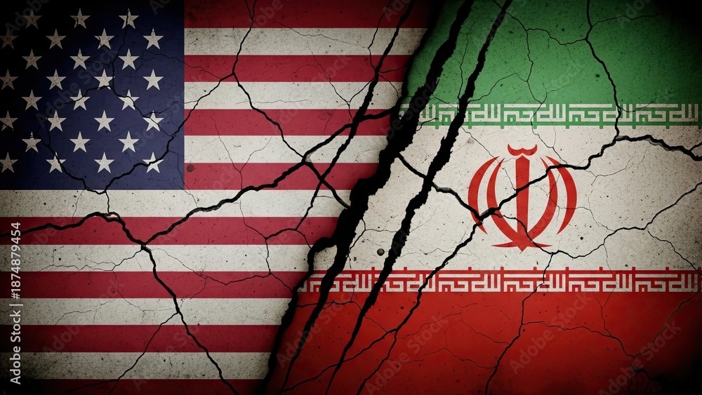 Obraz premium Conflict Between the United States and Iran Flags: Cracked Symbol of War and Discord