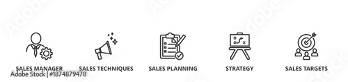 Sales management banner vector illustration concept with icon of manager, sales techniques, planning, strategy, and targets