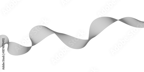 A white twisted ribbon flows like a silver metal wave over a white background, creating a sleek steel design reminiscent of a kitchen utensil or a light smoke line