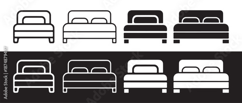 A collection of bed icons showing single and double beds in outline and solid styles on contrasting backgrounds.