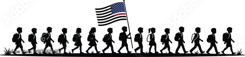 School children walking silhouette with backpacks, student parade holding American flag, education patriotism concept illustration isolated white background vector