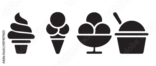 Collection of Ice Cream Icons. Cones, Bowls, and Cups, Vector Art.