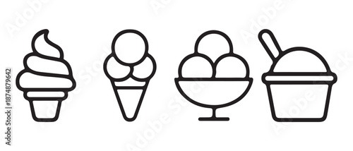 Ice Cream Icons Set. Cones, Cups, Scoops, Dessert Styles Collection.