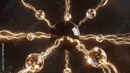 Glowing Golden Orbs Connected by Lightning on Dark Background