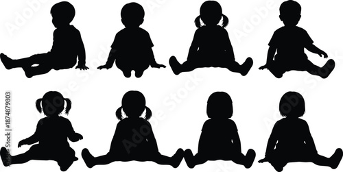 Baby sitting silhouette collection, infant child poses set, toddler development concept, childhood growth, black silhouettes, isolated white background