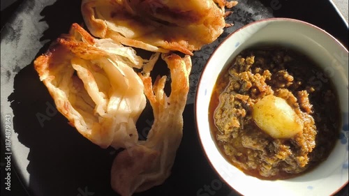 Roti with goat curry , Traditional Asian food.