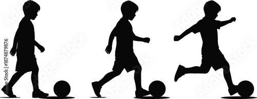 Child playing football silhouette sequence, kid kicking soccer ball action poses, childhood sports activity, motion concept, black silhouettes, isolated white background