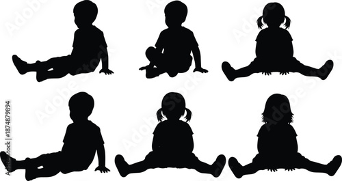Baby sitting silhouette set, infant and toddler poses collection, childhood development concept, cute children figures, black silhouettes, isolated white background