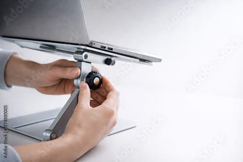 Hands adjusting height of aluminum ergonomic laptop stand on white desk