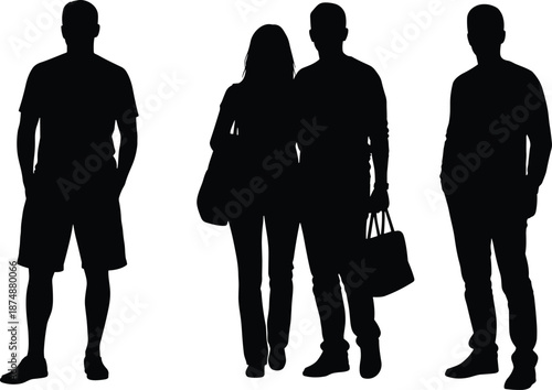 People standing silhouette set with couple and individuals, modern urban lifestyle concept, human relationships, anonymity, black figures, isolated white background