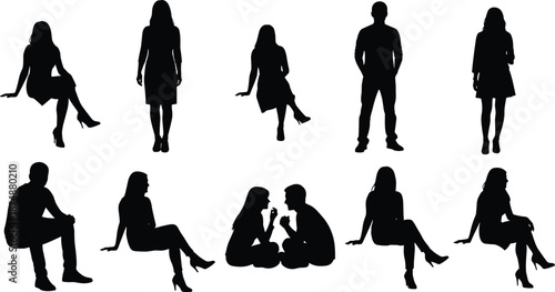 Seated and standing silhouette collection, human interaction poses, casual figure vector art, cad drawing flat vector illustration, black graphic design
