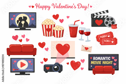 Valentine’s Day Romantic Movie Night Flat Icon Set with Popcorn, Screens, and Hearts
