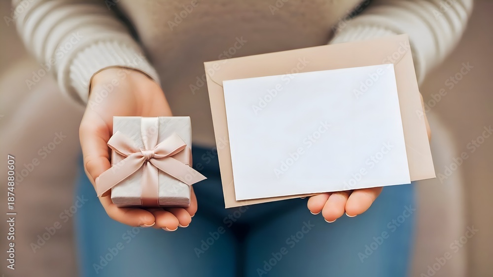 Obraz premium Hand Holding Blank Greeting Card with Ribbon, Minimal Gift Card Mockup for Valentine’s Day