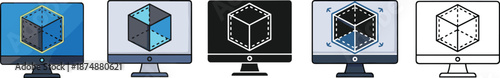 Set of 3D modeling computer icons, digital prototyping software interface, geometric cube, cad drawing flat vector illustration.