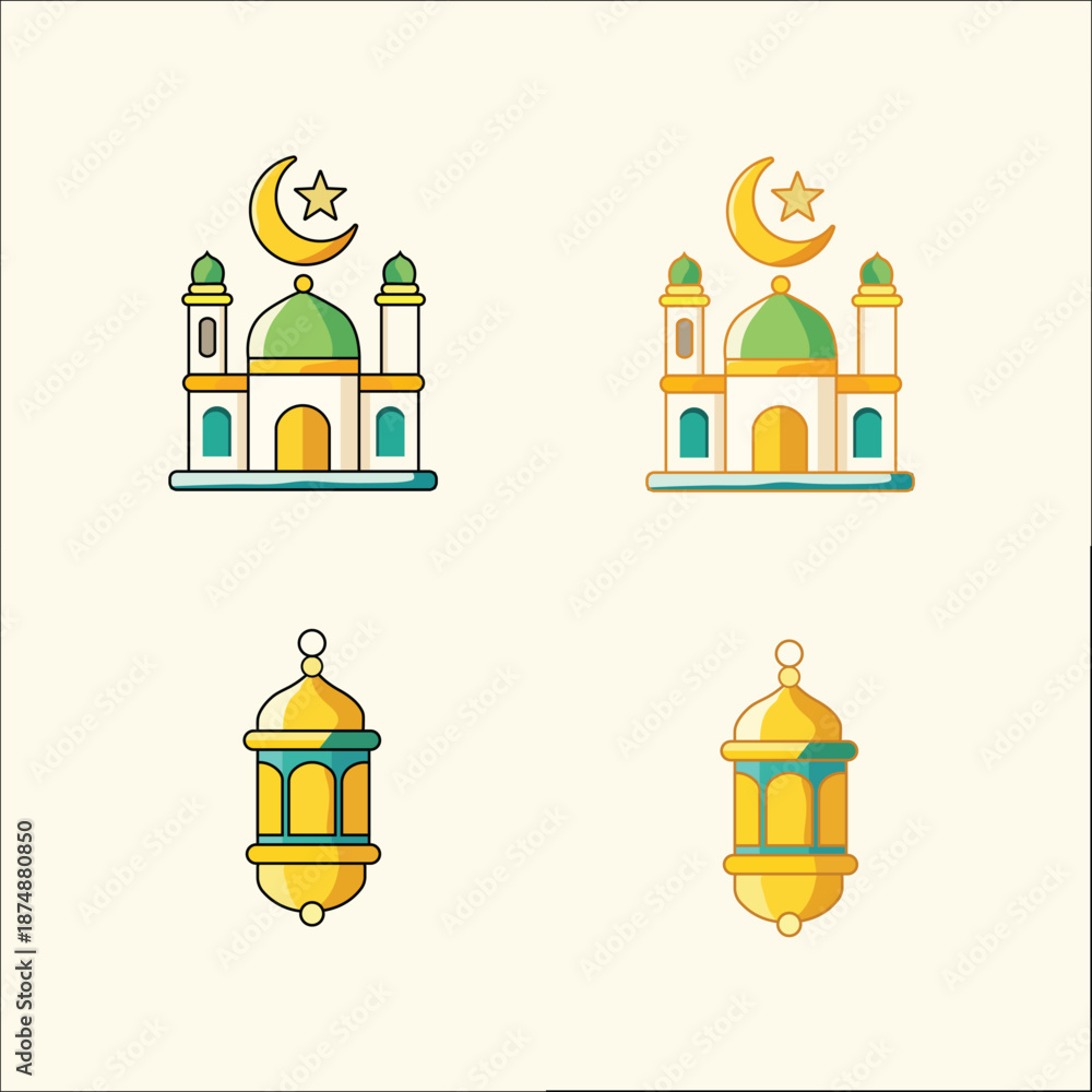 Fototapeta premium Islamic Ramadan Icons Collection – Mosque and Lantern Flat Design