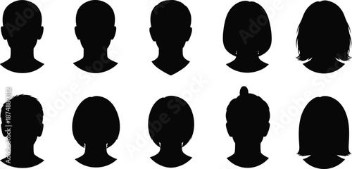 Set of Ten Human Head Silhouettes from Back View, Featuring Different Haircuts, Black Vector Icons Isolated on White Background for User Interface and Beauty Design.
