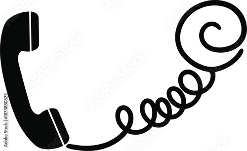 Retro telephone handset with curly cord in bold black silhouette style, perfect for communication, contact icons, and vintage vector designs