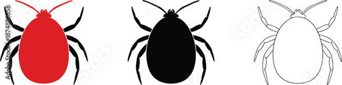 Tick and mite vector icons in red, black, and outline style for warnings, pest control, medical, and safety designs