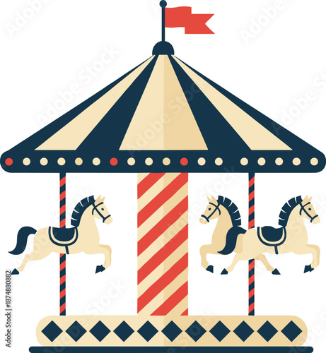 Vintage carousel illustration with horses, classic merry-go-round fairground ride for circus, amusement park, carnival décor and crafts