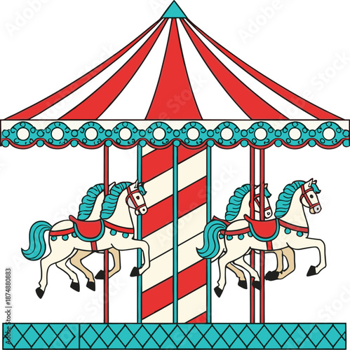 Vintage carousel illustration with horses, carnival merry-go-round graphic for amusement park, fairground decor, and children’s designs