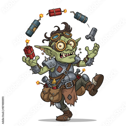 Cartoon goblin juggling explosive dynamite sticks playfully