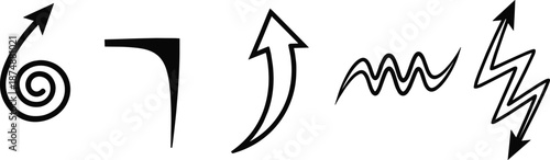 Abstract hand-drawn arrow icons set with spiral arrow, curved arrow, wavy arrow, and zigzag directional symbols