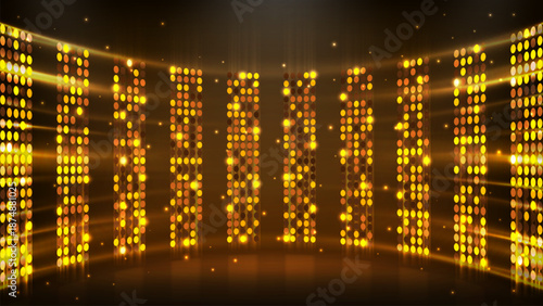 Gold light wall panel in black stage spotlight luxury abstract modern background with flying star lights template