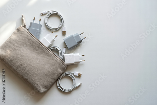 Travel tech organizer pouch with USB chargers and cables flat lay