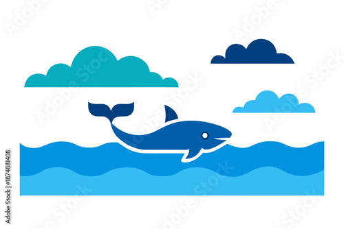 Coastal Ocean Panorama with Whale Silhouette Vector