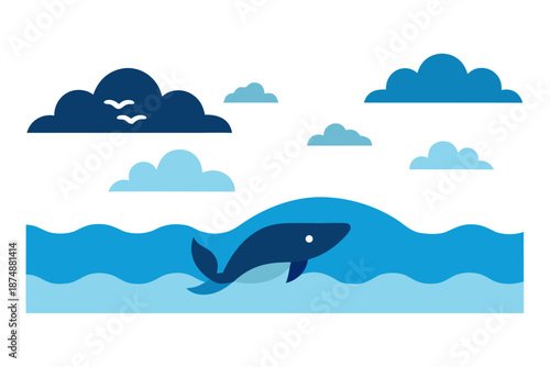 Coastal Ocean Panorama with Whale Silhouette Vector