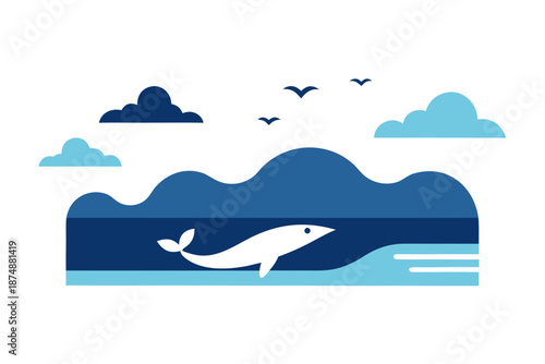 Coastal Ocean Panorama with Whale Silhouette Vector